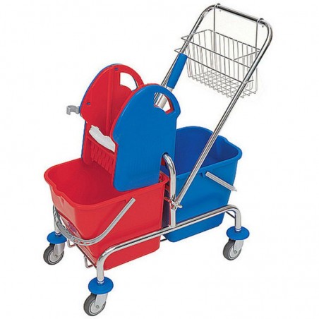 Wózek do sprzątania Merida dwuwiaderkowy 2x20l, chromowany, prasa do mopów, koszyk metalowy