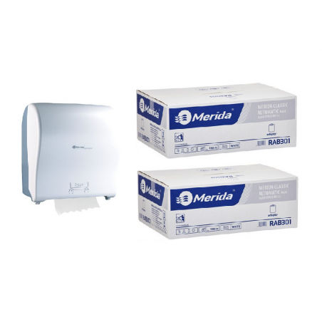 Mechaniczny podajnik Merida połysk za 100zł netto + 2 kartony ręcznika papierowego Merida Automatic - makulatura bielona