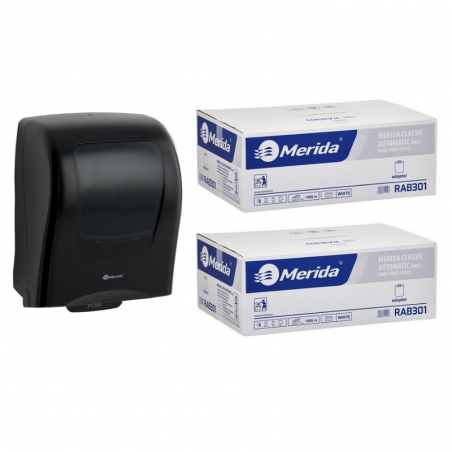 Mechaniczny podajnik Merida One czarny za 125zł netto + 2 kartony ręcznika papierowego Merida Automatic - makulatura bielona