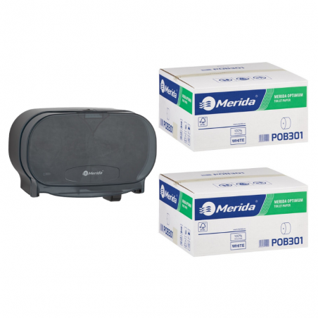 Pojemnik na papier toaletowy Merida One czarny za 50zł netto + 2 kartony papieru toaletowego bez gilzy Merida Optimum - 36 rolek