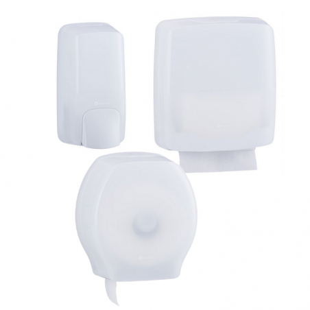 Komplet: dozownik do mydła w płynie 0,5l, pojemnik na ręczniki składane, pojemnik na papier toaletowy Merida Harmony